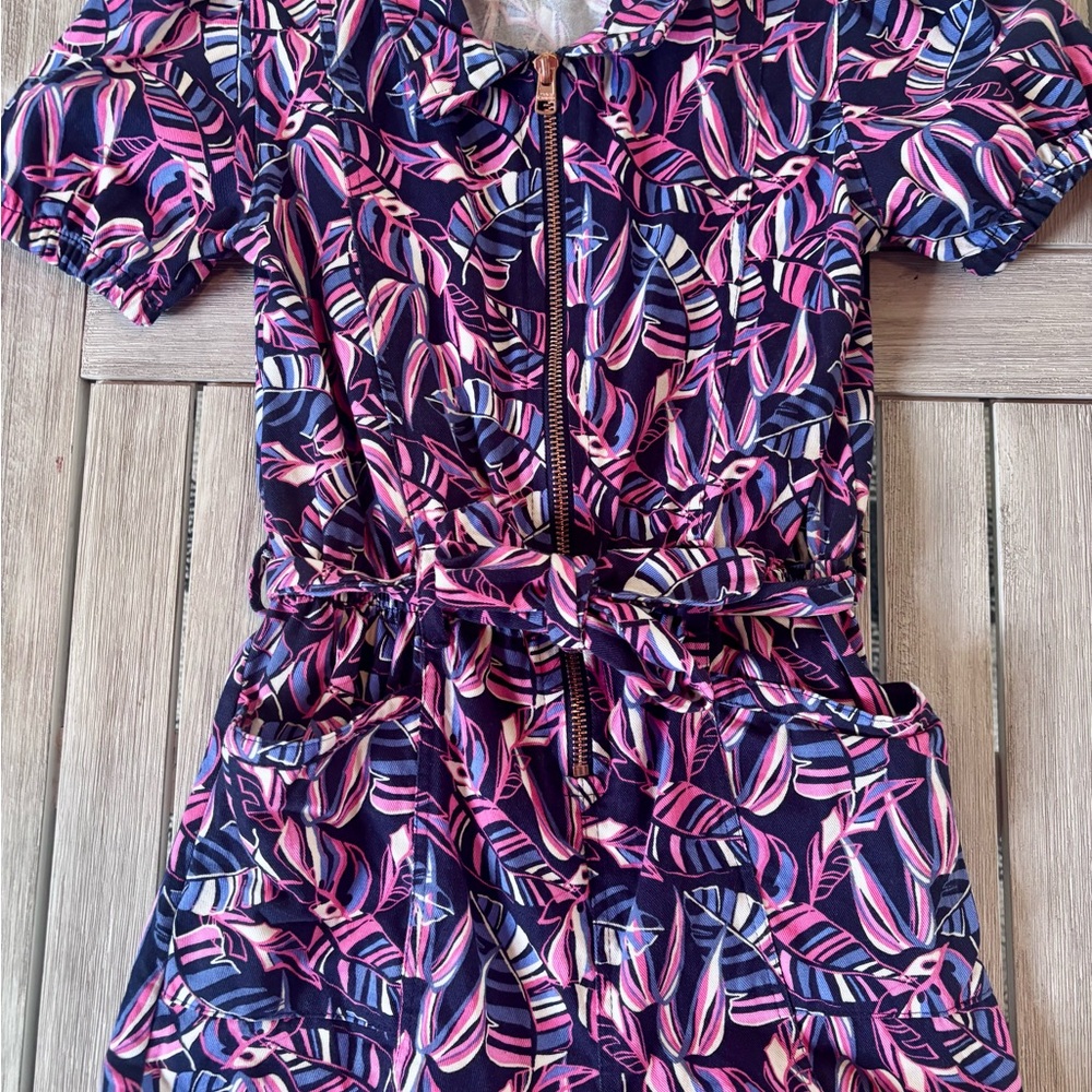 Vince Camuto Kids Tropical Leaf Romper - Pink and Navy with pockets and zipper